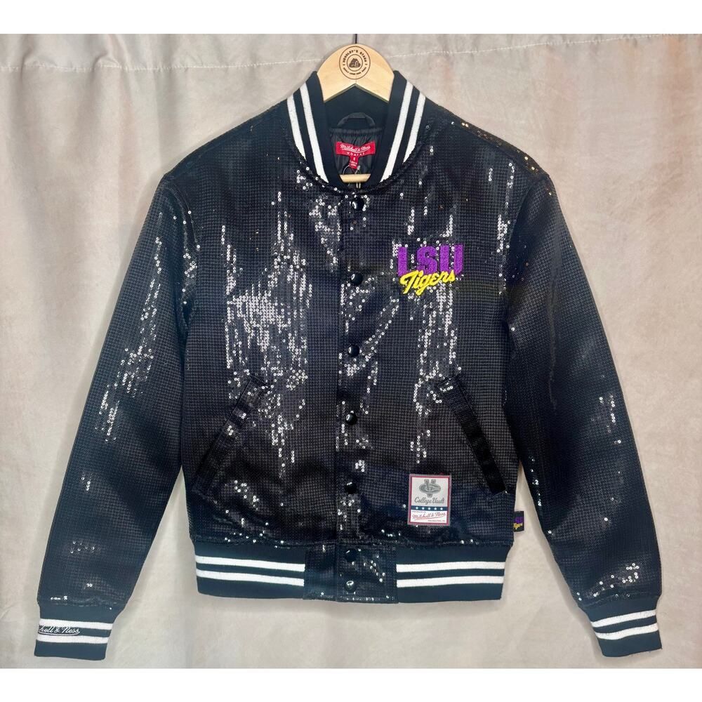 Mitchell & Ness LSU Tigers Sequin Bomber Jacket Black Snap Front NWT